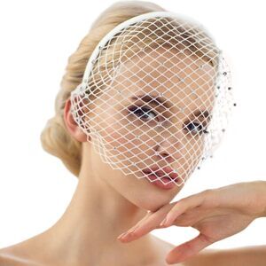 White Mesh Veil Fascinator Headband 1920s Headpiece For Women, White 9198